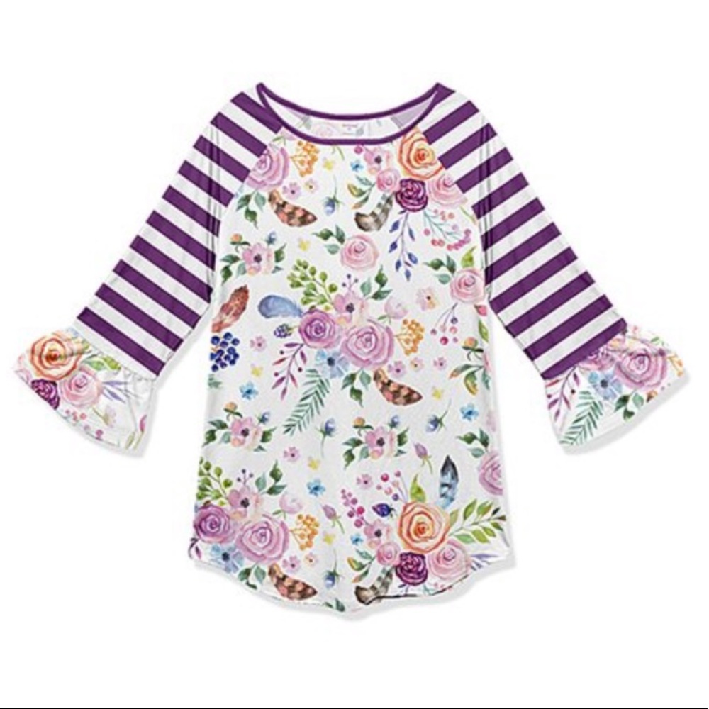 NWOT: Purple Stripe Floral Ruffle Raglan Tunic